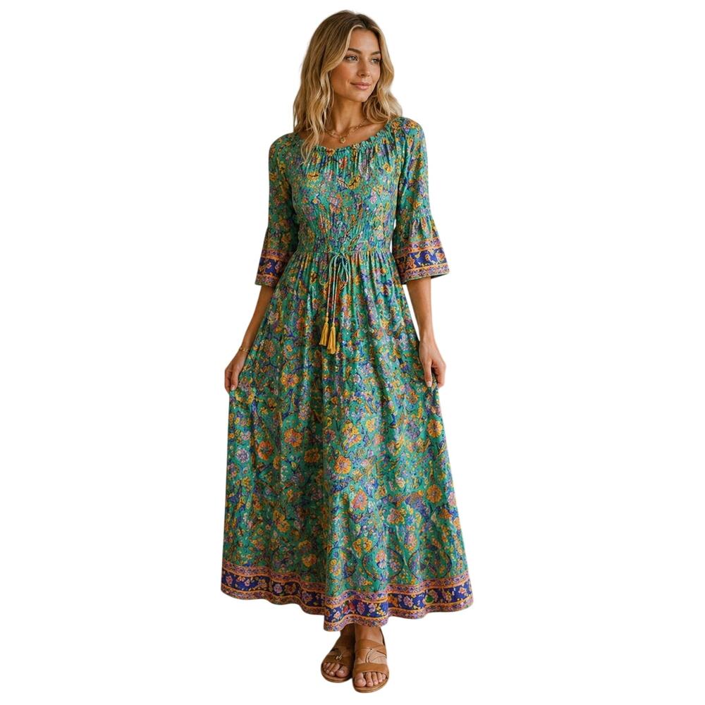 Patchouli Fair Boho Maxi Dress Boat Neck Paisley Floral Tassel L